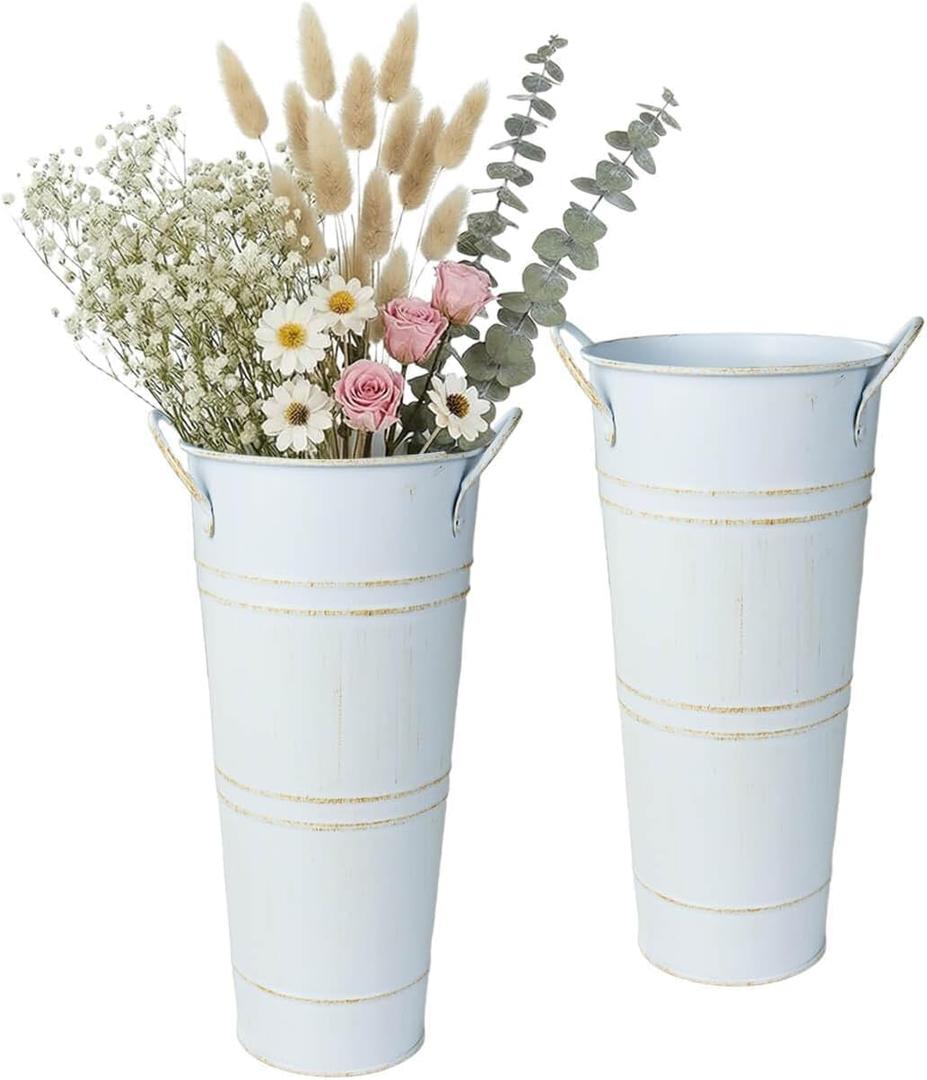 vensovo 9" Tall Galvanized Flower Bucket, 2 Pcs French Metal Vases with Handles, Tabletop Rustic Floral Buckets for Dried Flowers, Wedding Flower Bar & Home Decor, Distressed White