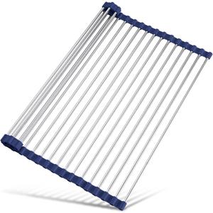 Tomorotec 17.7" x 15.5" Roll Up Dish Drying Rack Over Sink Drying Rack Sink Cover Kitchen Sink Accessories Gadget Multipurpose Organizer Foldable Stainless Steel Drainer (Indigo)