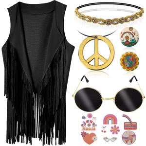 60s 70s Outfits for Women Hippie Costume Clothes Set 70s Costume Tops Women Fringe Hippie Vest for Halloween (X-Small)