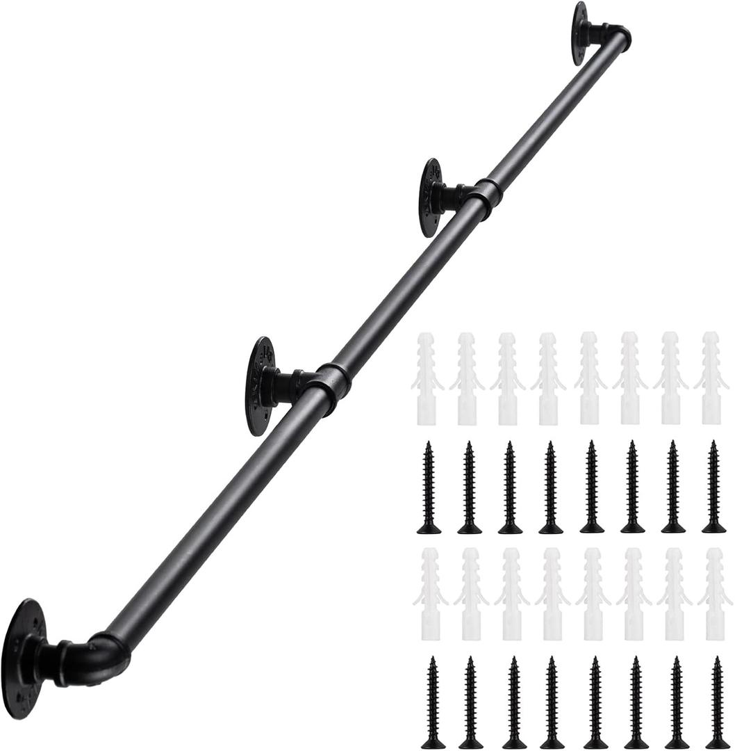 Stair Handrail for Indoor Stairs - Wall Mount Industrial Iron Pipe - Metal Railing Non-Slip Grab Bar - Stairs Porch Deck Hand Rail Matte Black (12 Feet, Matte Black)