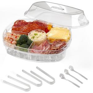 Ice Serving Tray, Chilled Party Platter,ice Chilled Platter with lid,Serving Trays for Party,Keep Food Cold for Fruit, Vegetable, Appetizer, Shrimp with Tongs and Spoons.