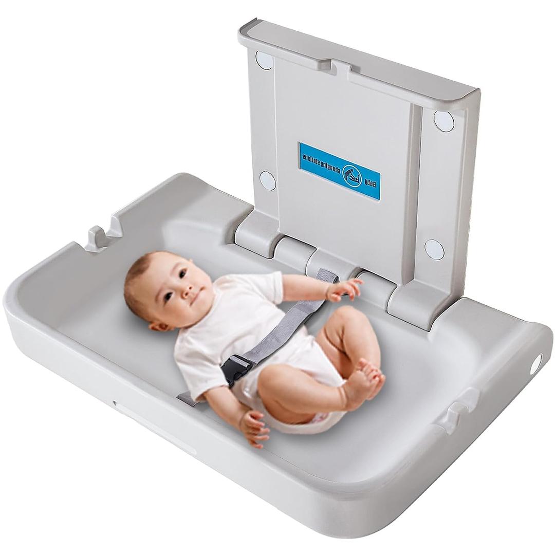 Baby Changing Station Wall Mounted, Baby Changing Table with Safrty Strap, HDPE Fold-Down Diaper Changing Station Table, Foldable Diaper Changing Unit for Commercial Bathroom Restroom,