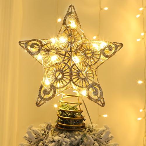 Juegoal Star Tree Topper with 20 LED Lights, Metal Golden Lighted Treetop Ornaments, Battery Powered Light Up Christmas Tree Decorations, 6.5 x 6.5 Inches