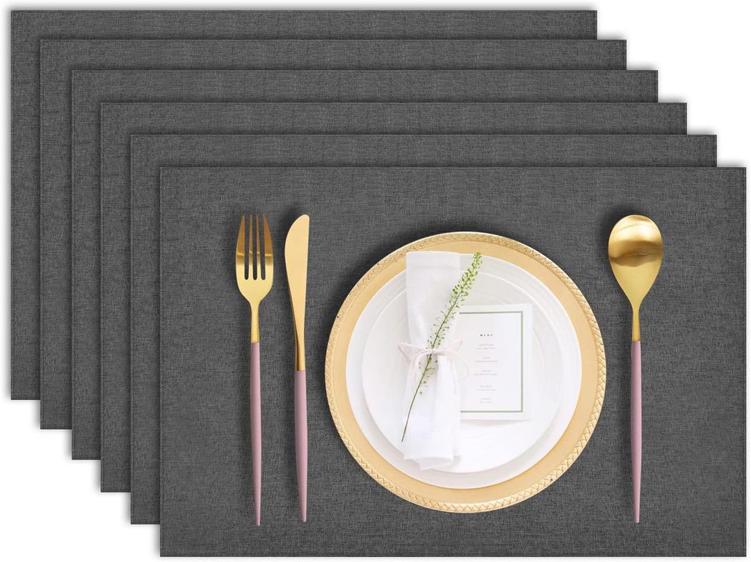 LANDVIEW Cloth Placemats Set of 6, Cotton Linen Blend Machine Washable Durable Linen Table Mats, Heat Resistant Placemats Wrinkle Free Place Mats for Dining Table, Easy to Clean (Dark Grey, 6)