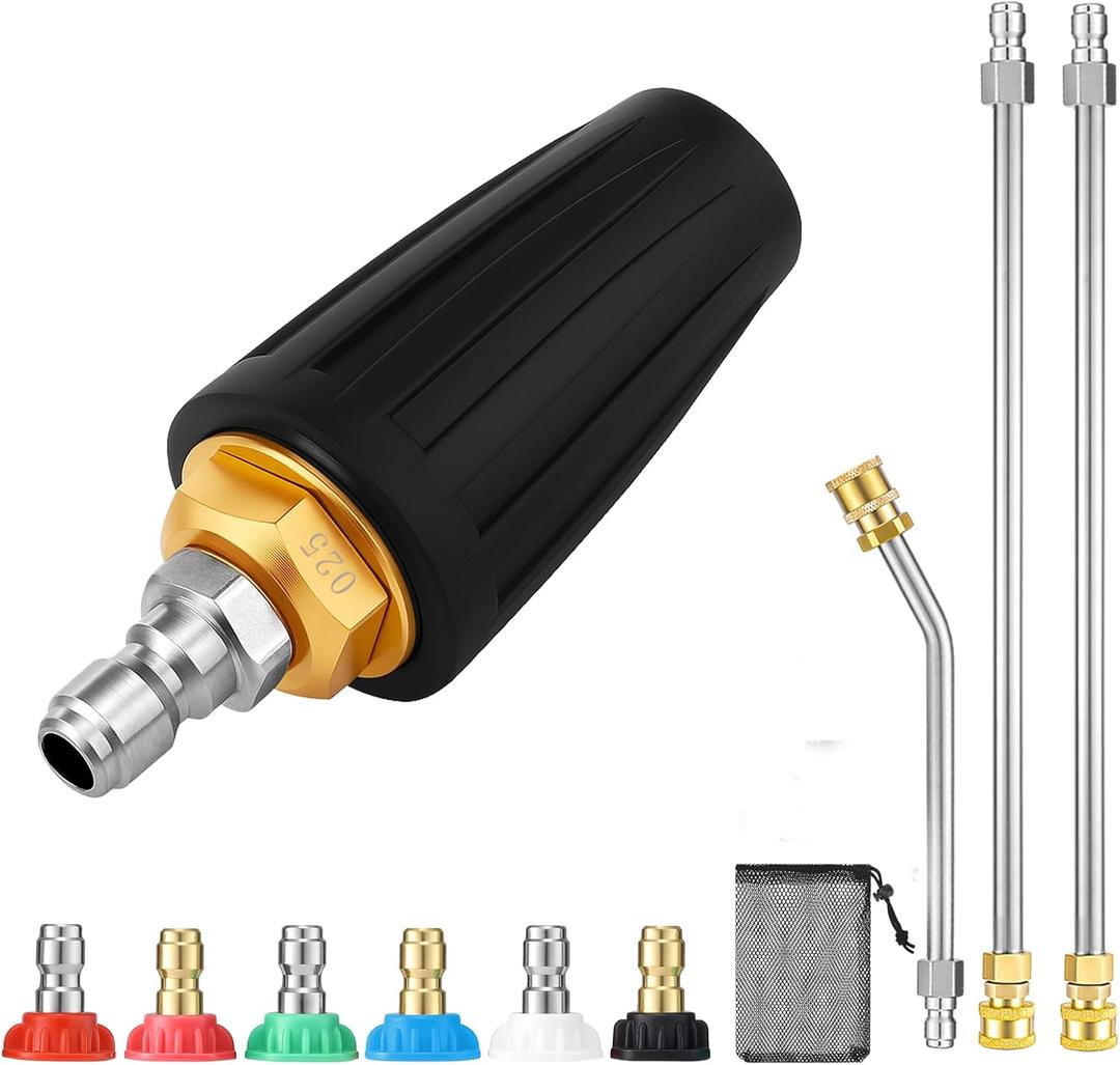 Turbo Nozzle Pressure Washer, 4000PSI Nozzles with Extension Wand & 6PCS Spray Tips 360 Rotating Pressure Washer Turbo Nozzle for Garden Gutter Car Washing(4.0GPM)