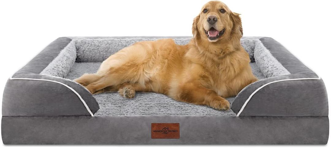 Comfort Expression Orthopedic Dog Bed for Extra Large Dogs 42x30 Inch, Waterproof Egg Crate Foam XL Pet Bed with Removable Bolsters, Dog Couch with Washable Cover & Non-Slip Bottom, Grey