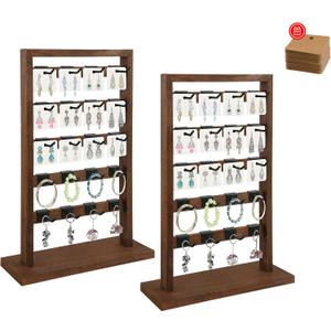 2 Pcs Set Wooden Jewelry Display Rack with 40 Removable Hooks | 40 Earring Cards, 5-Tier Earring Display Stand for Earrings, Necklaces, Bracelets, Keychains(Brown)