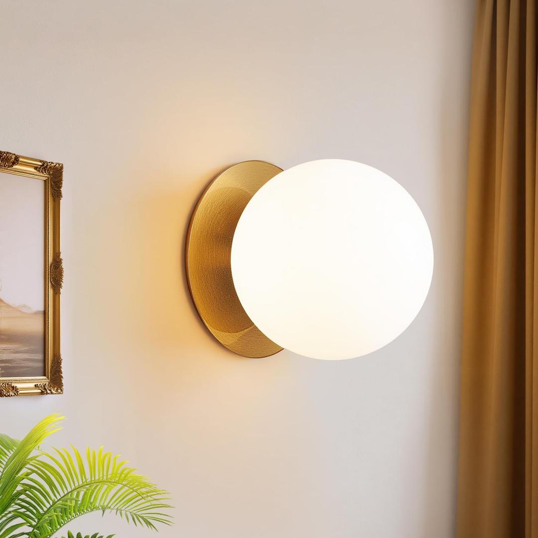 1 Pack Gold Wall Sconce, Modern Bathroom Sconce with Milky Globe Glass, Wall Light for Bathroom Mirror, Living Room, Hallway (Bulb Not Included)