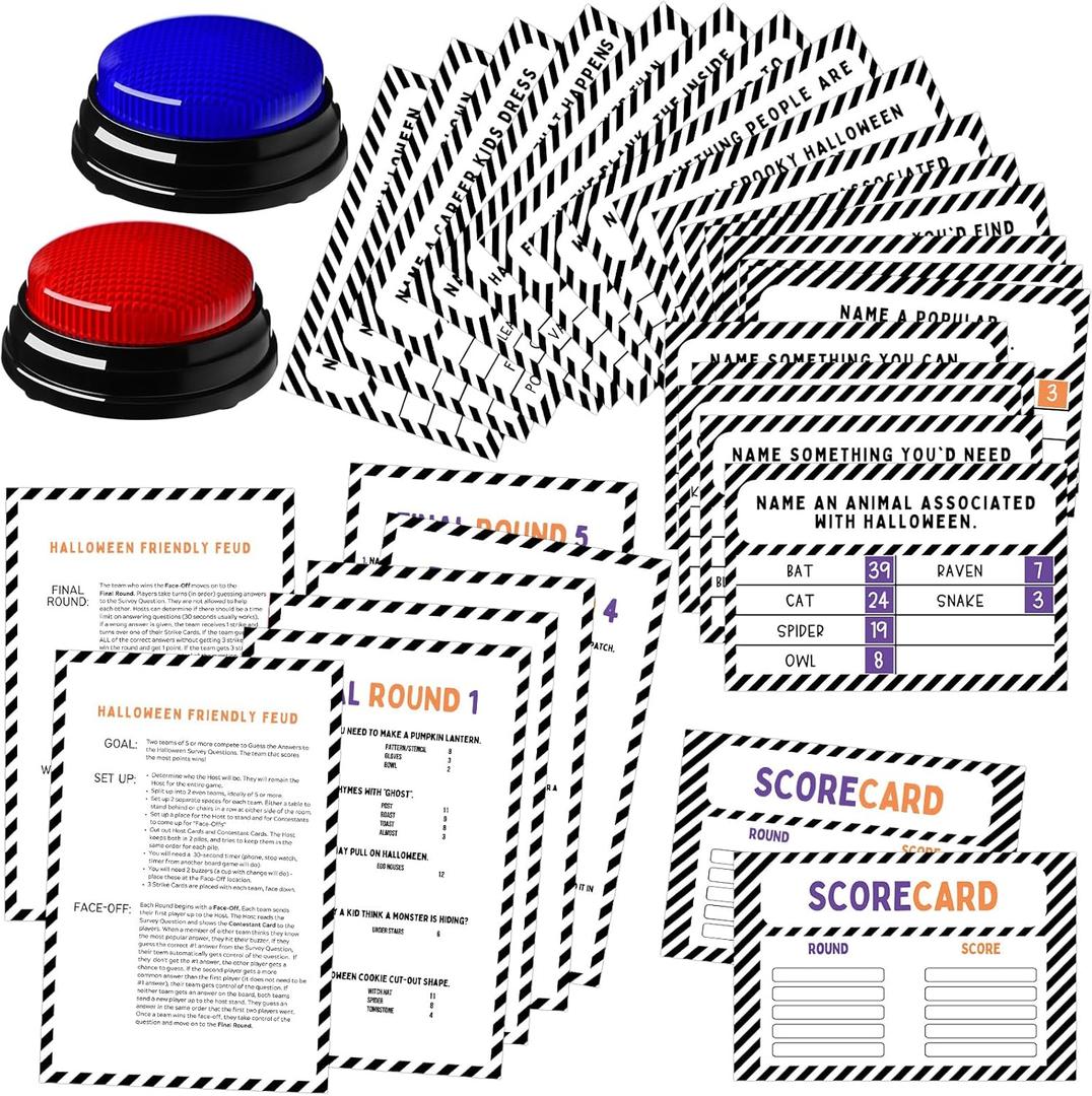 Halloween Party Friendly Feud Game with 2 Answer Buzzers, Team Building Feud Cards for Holiday Game Night Fun Trivia Quiz for Groups Office Class (Orange Purple)