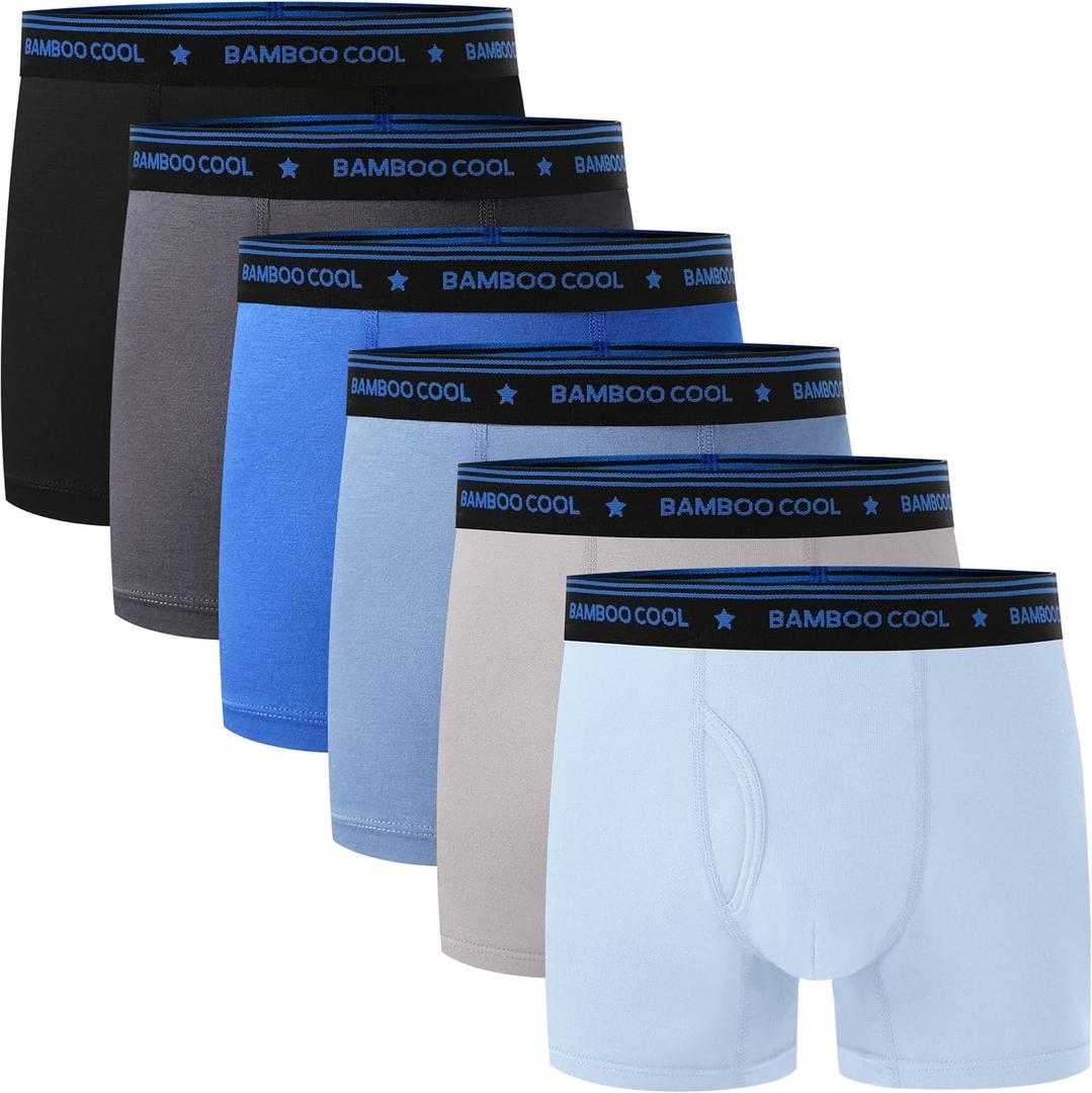 BAMBOO COOL Boys' Underwear Moisture-Wicking Brethable Boxer Briefs Soft Lightweight Tag-Free with Fly Pouch 6-Pack (D-light Gray,dark Gray,light Blue,ocean Blue,deep Blue,black (Pack of 6))