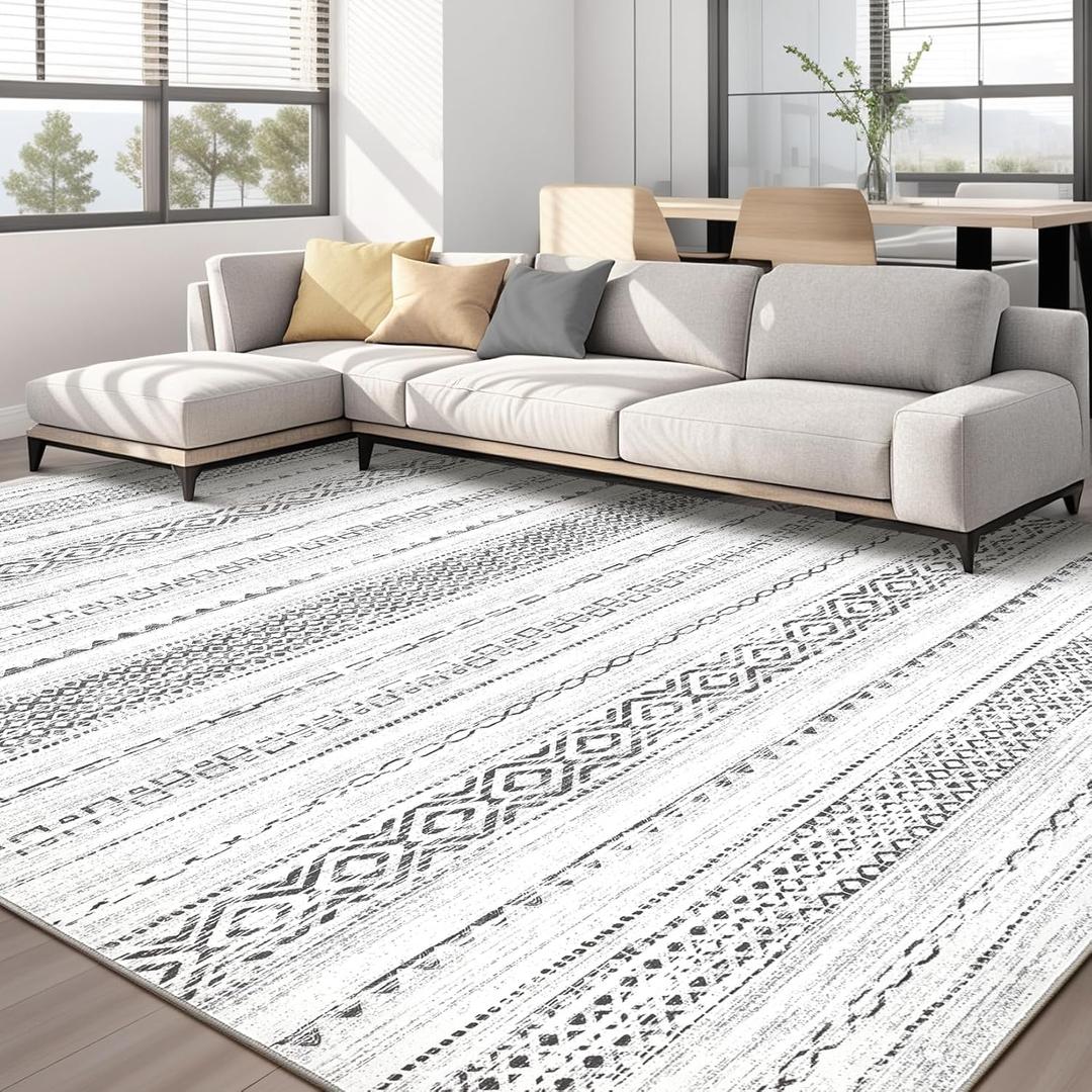 Area Rug Living Room Rugs - 9x12 Washable Boho Farmhouse Bohemian Neutral Large Moroccan Geometric Soft No Slip Indoor Thin Floor Carpet for Bedroom Under Dining Table Home Office - Square Grey