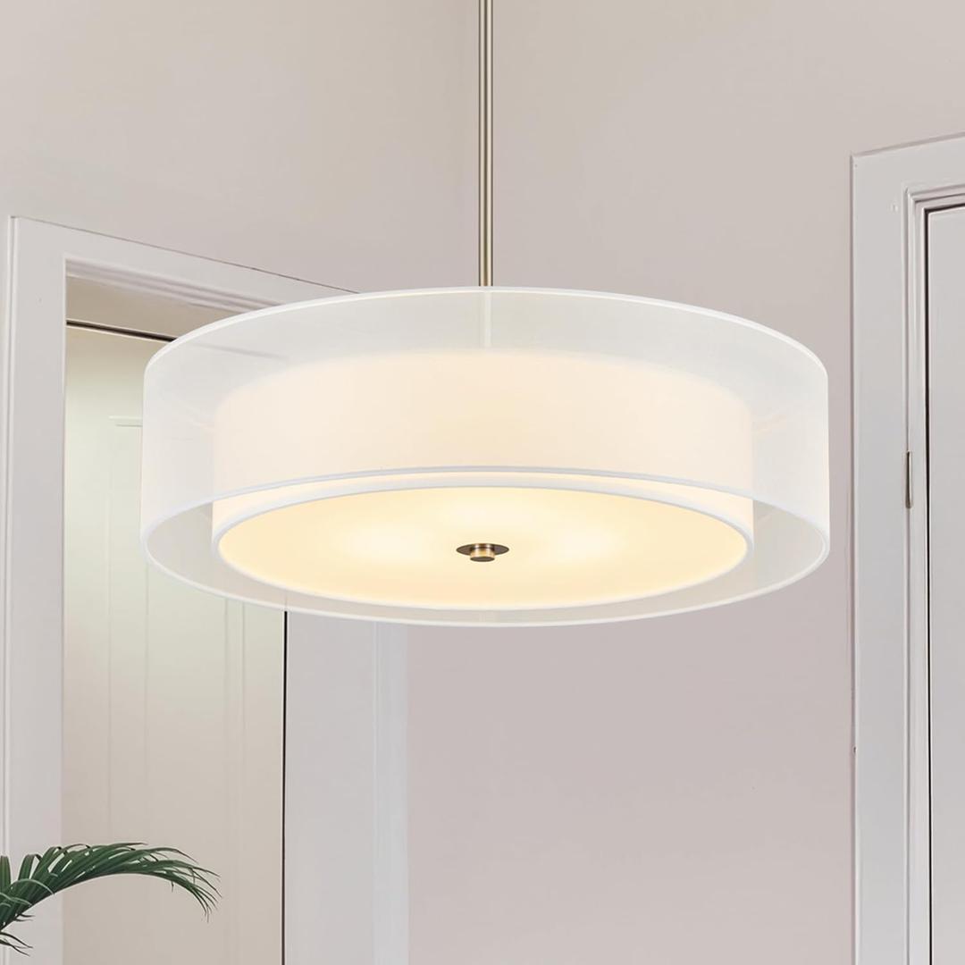 VONLUCE Drum Chandelier, 20.1" 3-Light Modern Chandelier with 2-Tier Fabric Lampshade, Modern Ceiling Light Fixture for Dining Room Bedroom Living Room with E26 Sockets, Nickel Finish, ETL Certified