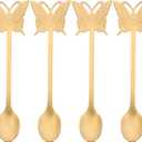 4pcs Golden Stainless Steel Butterfly Long Handle Mixing Spoons 5.31 Inch Coffee Dessert and Salad Spoons for Home and Party Use Easy to Clean