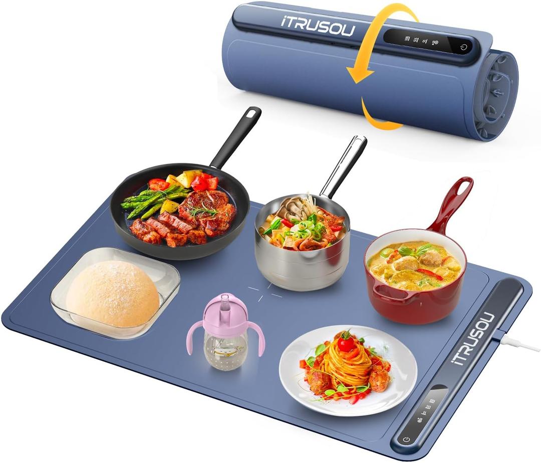 Electric Warming Tray - Full Surface Heating,Rollable & Portable,Premium Silicone Nano-Material,3 Temperature Settings,Auto Shut-Off -Versatile Food Warmer for Gatherings,Parties,Everyday Use (/, Blue)