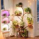 PRAISUN 51 Inch Plant Stand with Grow Lights, 8 Tiered Indoor Plant Shelf with Larger Flower Holder, Curved-tubed Design, 3 Light Modes, Corner Plant Rack for Living Room, Rustic Brown