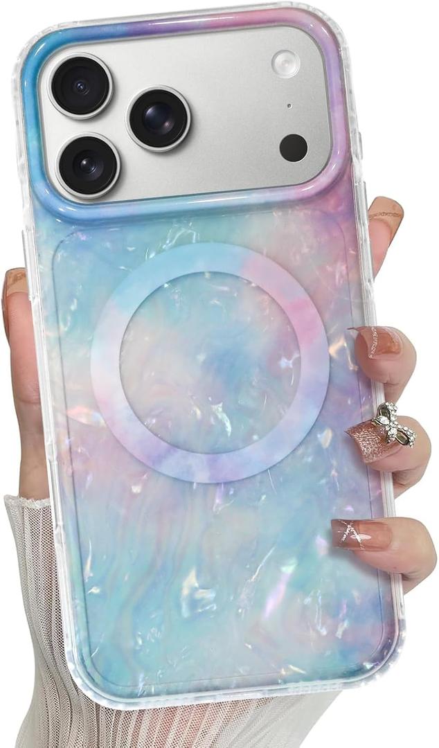 Bonoma for iPhone 17 Pro Max Case 2025 Magnetic Support for Magsafe opalescent Pearl Iridescent Glitter High-Duty Protection Shockproof Edge Cover -Blue