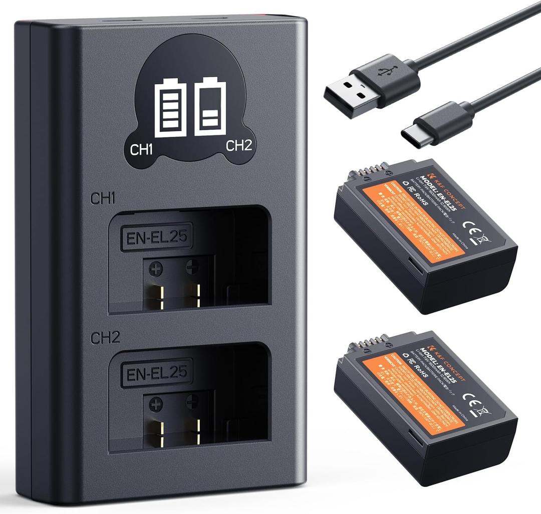 K&F CONCEPT 1600mAh EN-EL25 Battery 2-Pack EN-EL25A Battery and Dual LCD Battery Charger for Nikon Z50II, Z50, Z30, Z FC Camera MH-32 Battery Charger