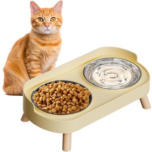 Elevated Cat Bowl, Raised Cat Food and Water Bowl Set for Indoor Cats, Splash Proof with 2 Stainless Steel Pet Food Bowls for Cats and Puppies, Whisker Fatigue and Dishwasher Safe - Yellow