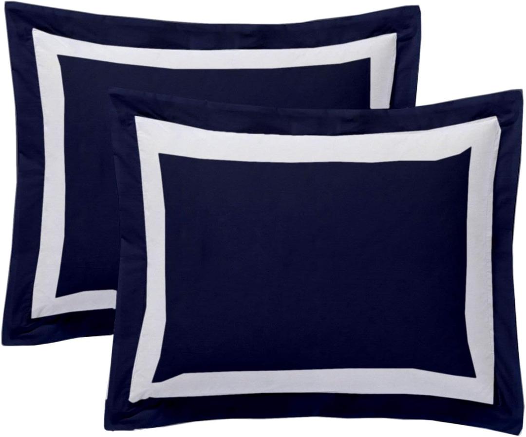 Navy Blue & White Dual Tone Pillow Shams Set of 2 600 Thread Count Organic Cotton Queen Pillow Covers 20x36 Soft, Luxurious & Cozy Decorative Cushion Covers Solid Design