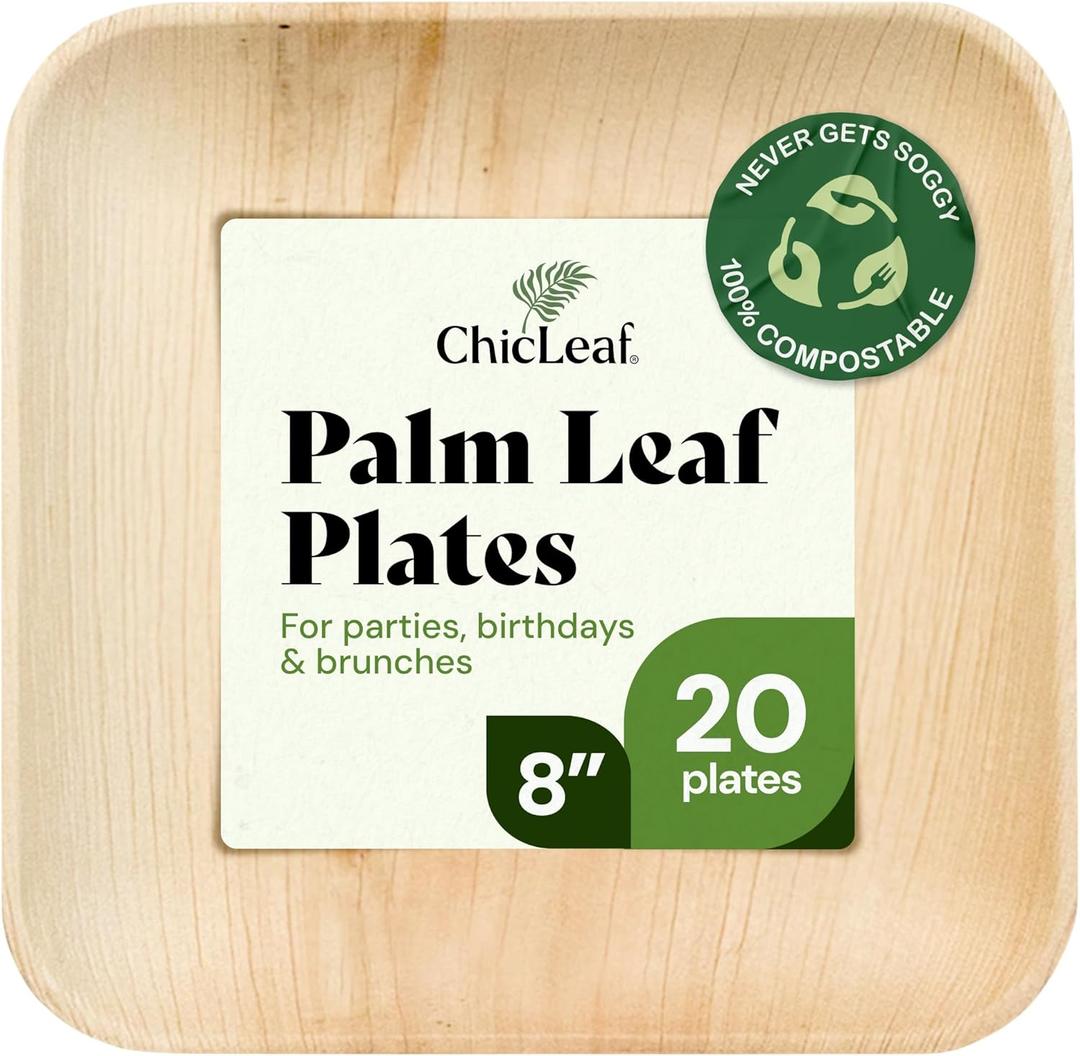 Chic Leaf Palm Leaf Plates 8 Inch - Square Disposable Bamboo-Style Dinnerware, Heavy Duty & Compostable Areca Leaf Serving Dishes for Appetizers, Desserts, Weddings, and Events