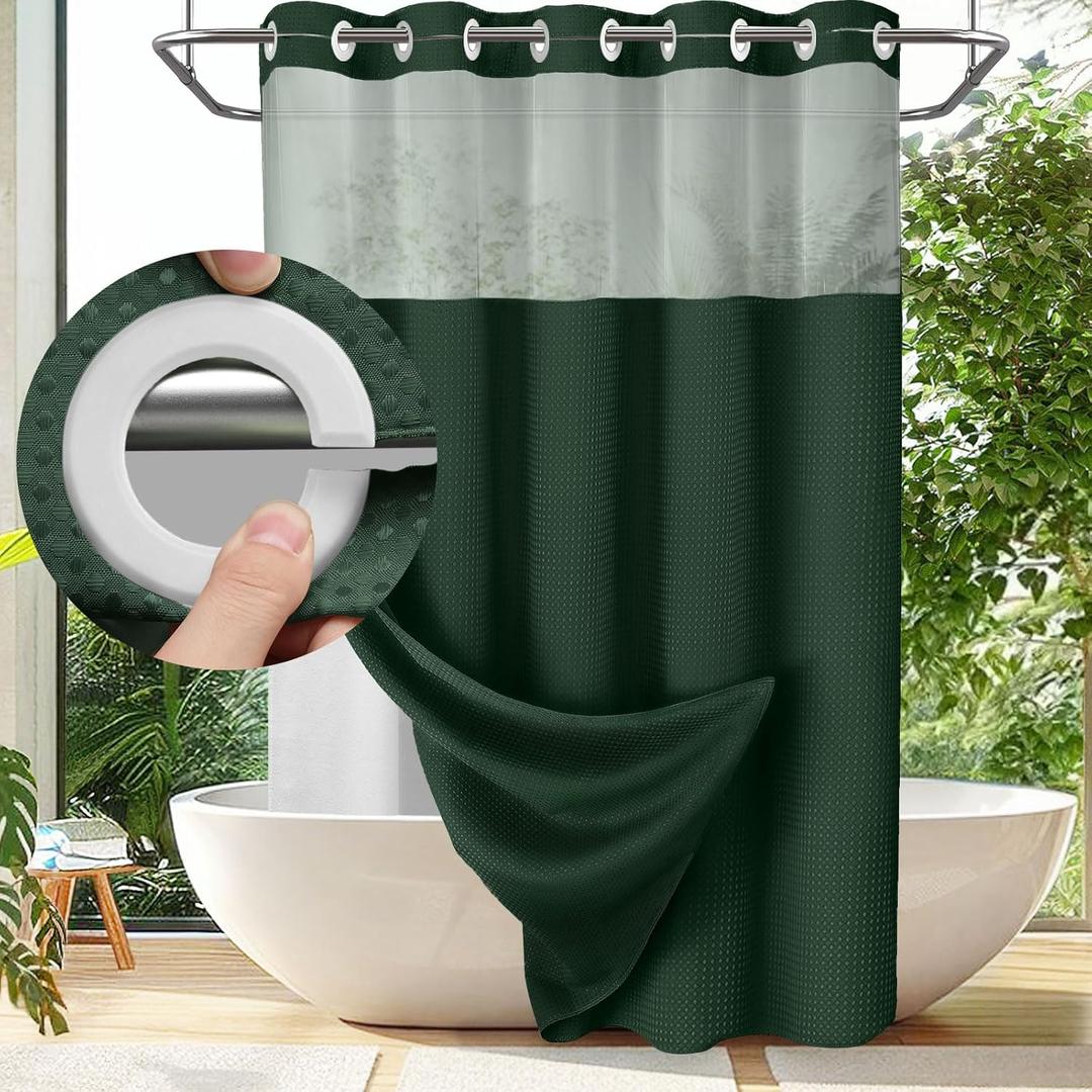 No Hook Shower Curtain with Snap in Liner Set Less Time Dark Green Waffle Shower Curtain for Bathroom 75" L x 72" W