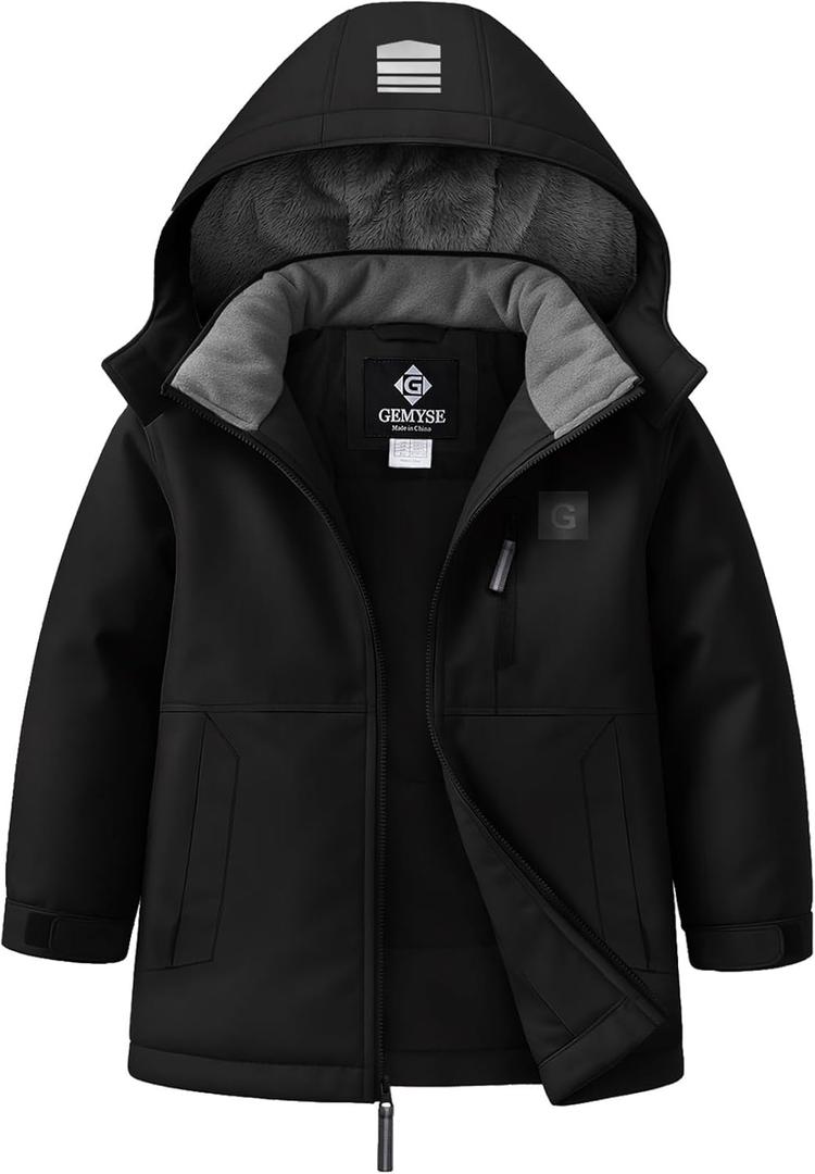 GEMYSE Kids Winter Jacket Waterproof Boys Girls Ski Jacket with Hood Windproof Warm Fall and Winter Outerwear (Black, M)