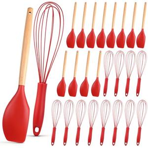 Funnymoom 24 Pcs Red Silicone Spatula and Whisks Set 12 Inch Bulk for Cooking Non-scratch Balloon Wire Whisk Spatula Christmas Baking Mixing Tool Cookware for Cooking Party Favor Xmas Craft Gift