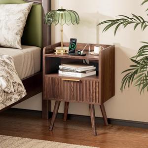 Huuger Nightstand with Charging Station, USB-C Port, Fluted Night Stand with Drawer, Bed Side Table with Solid Wood Feet, Open Storage, End Table with Raised Edge, for Bedroom, Walnut