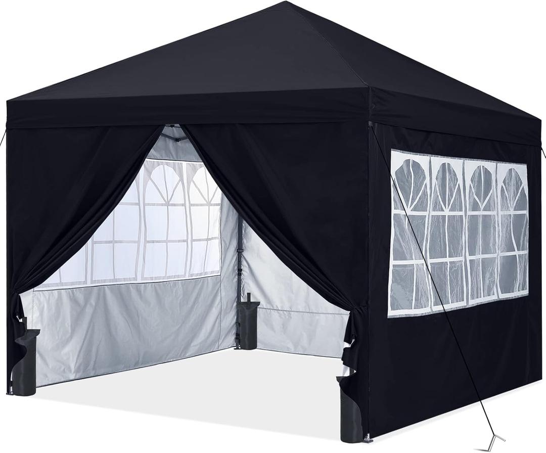 ABCCANOPY 10X10 Pop Up Canopy Tent Enclosed Instant Canopy Shelter with Zipped Side Wall Church Window, Bonus 4 Weights Bags (Black)