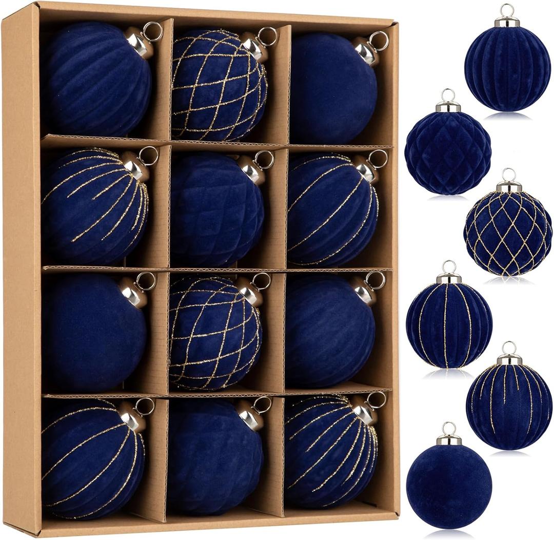 Hollyone 12PCS Blue Velvet Christmas Balls Ornaments, 3.15" Flocked Balls Shatterproof Decorative Hanging Ornaments Christmas Tree Decorations Set for Wedding Winter Holiday Party Wreath Home Decor