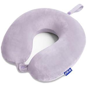 Travel Pillow Memory Foam for Airplanes - Neck Pillow for Traveling, Car, Home, Flight Pillow for Sleeping with Attachable Snap Strap Soft Washable Cover, Provide Head Neck Support Rest, Gray Purple