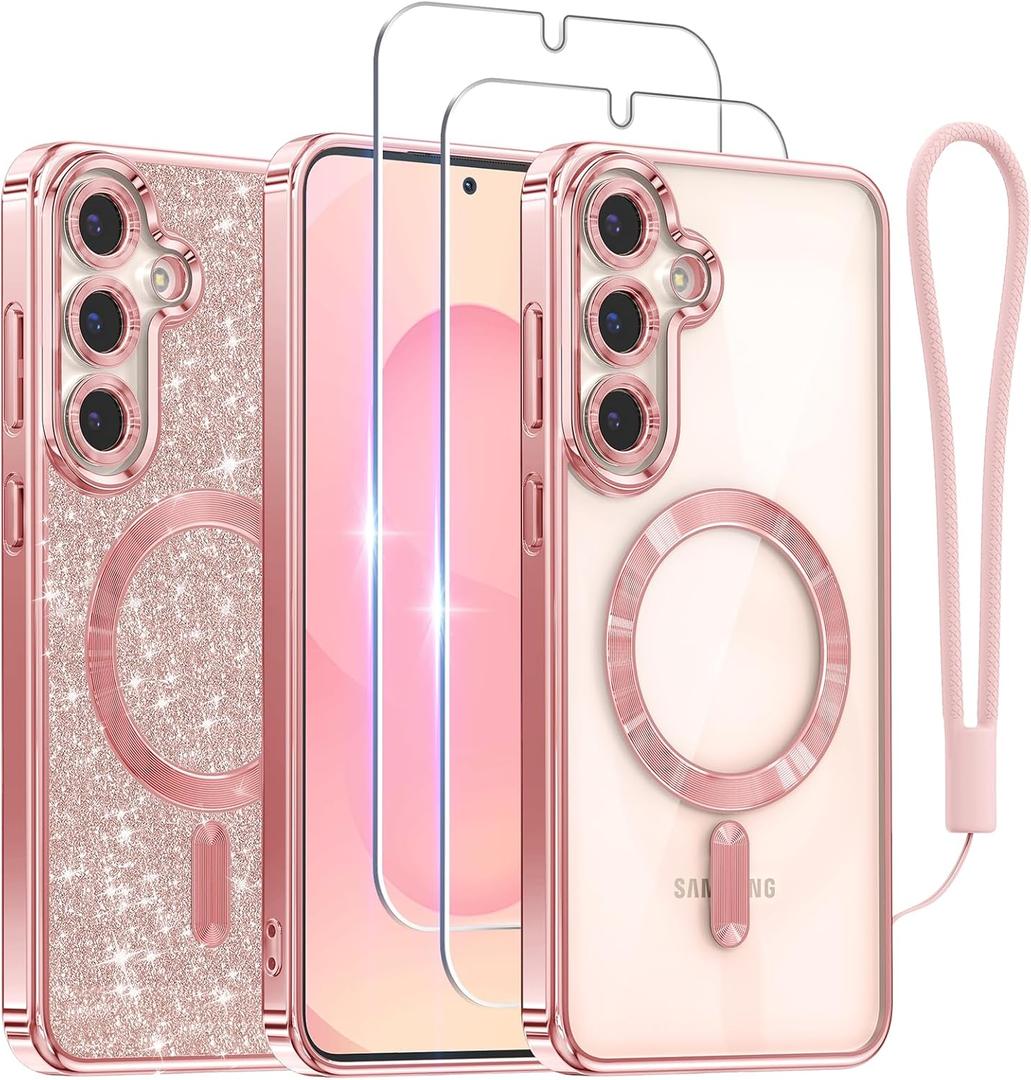Meifigno Designed for Samsung Galaxy S25 Plus Case, [Compatible with MagSafe] [2X HD Screen Protectors] [Glitter Card & Wrist Strap] Surround Raised Lens Protection Case for S25 Plus 6.7", Rose Gold