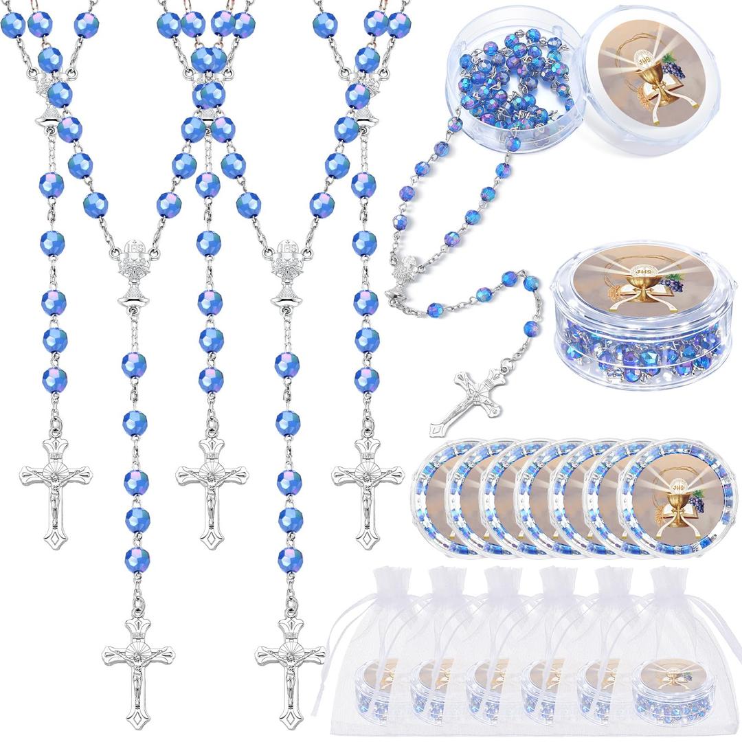 Tondiamo 24 Pcs First Holy Communion Bead Scented Rosaries for Baptism Gifts First Communion Memorial Gift for Guests Boys Girls Religious Event Beads Baptism Party Favor Primera Comunion(Blue)