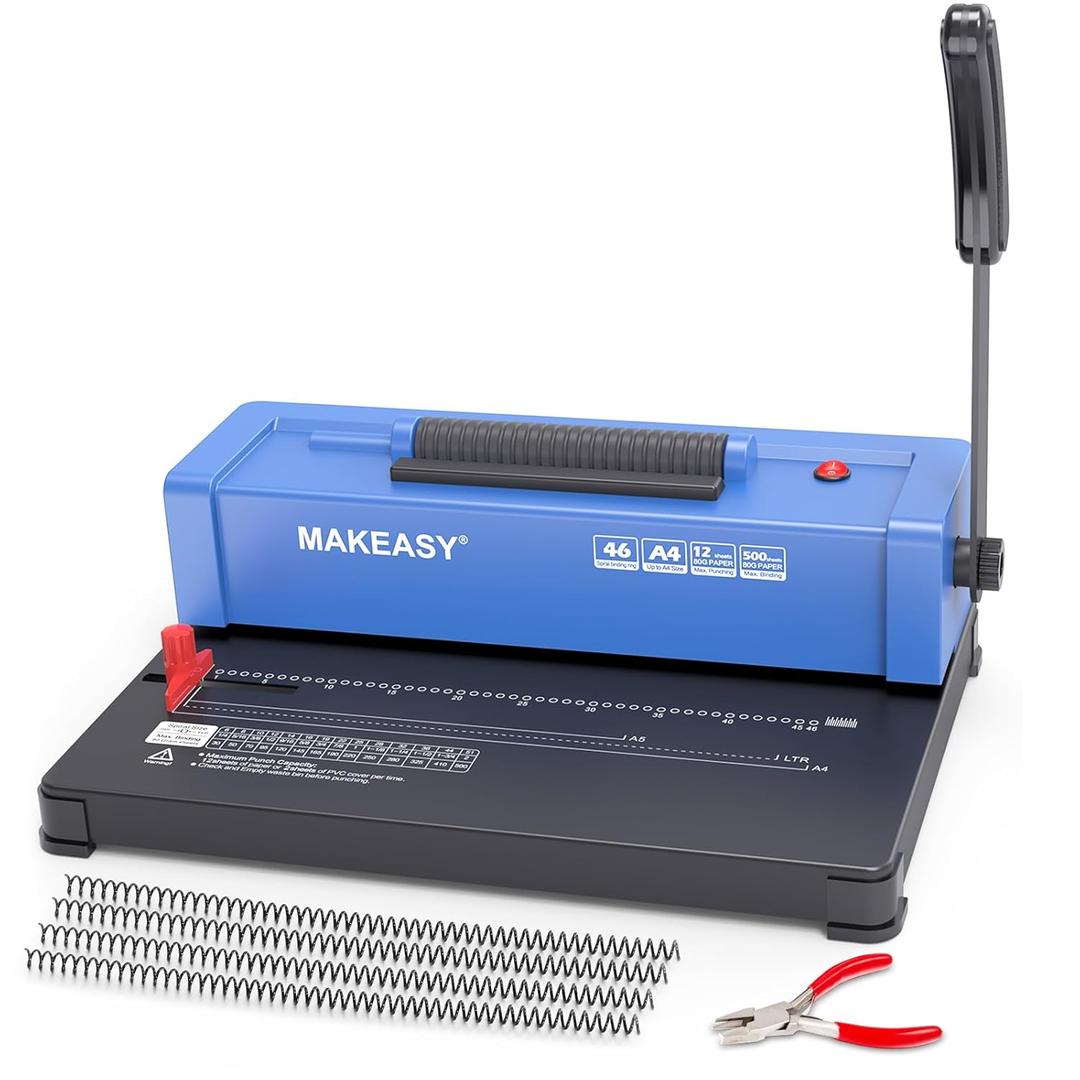 MAKEASY Spiral Binding Machine, 4:1 Pitch, 12 Sheets Punch Capacity, Electric Coil Insert, Book Binder Machine for A4/A5/Letter Size Paper, Comes with 100 pcs 5/16'' Coils & Pliers (Blue)