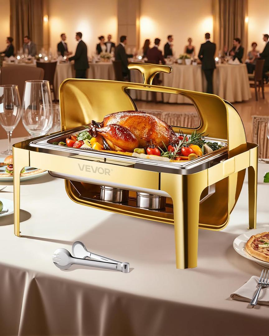 VEVOR Roll Top Chafing Dish Buffet Complete Set, 9Qt Stainless Steel Chafer with Full Size Pan, Rectangle Catering Warmer Server with Visible Lid Water Pan Folding Stand Fuel Holder Meal Clip, Gold