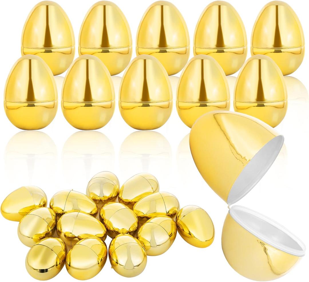 NJN 24Pcs 80mm/3.15inch Big gold eggs, Golden easter eggs, Plastic easter eggs perfect for easter egg hunt, metallic empty Surprise egg