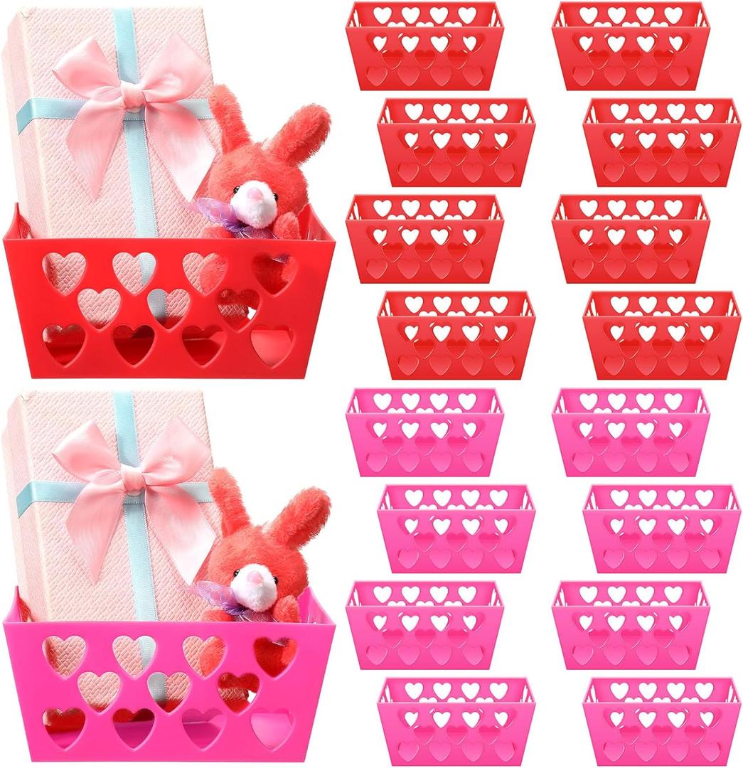 Hushee 16 Pcs Valentine's Day Baskets Empty Rectangular Heart Hollowed Baskets Storage Containers 5.51 x 4.33 x 2.44 Inches Pink and Red Plastic Storage Bins for Party Supplies Valentine's Day Gifts