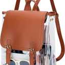 KKXIU Girls Clear Backpack Stadium Approved Transparent PVC Women Clear Bookbag with Leather for Sports Event, Concert (Brown)