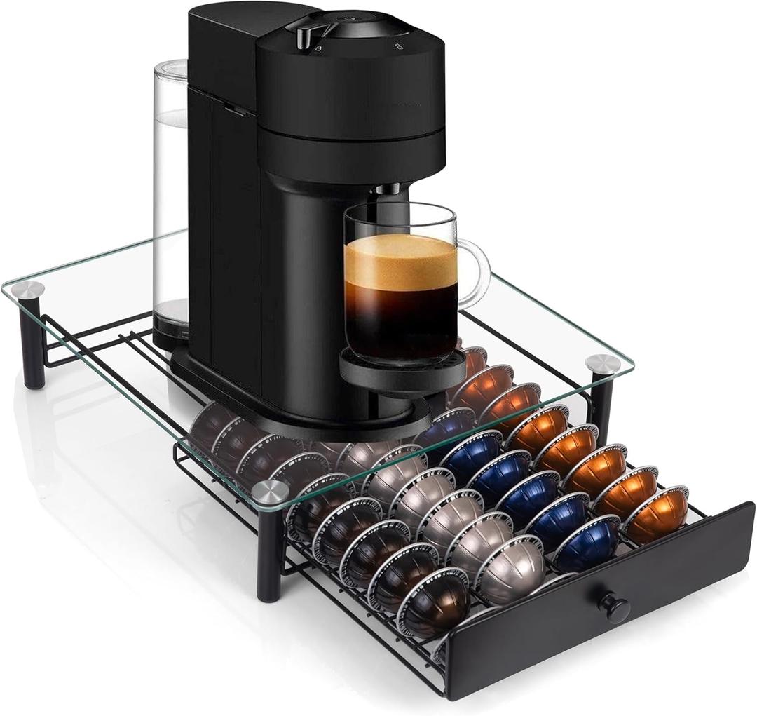 Tempered Glass Coffee Pod Drawer,Nespresso Vertuo Pod Holder Drawer for 401.35/2.7 floz) Vertuoline Pod, Nespresso Capsule Organizer Compatible with Vertuo Next Vertuo Plus,14.76"D x 12.99"W x 3.5"H