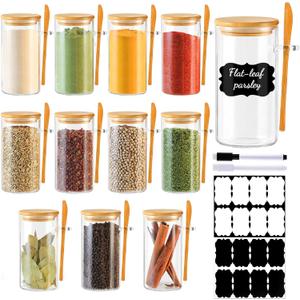 12 Pack 10 oz Round Glass Spice Jars with Lids and Spoons  Airtight Small Spice Containers Set with Labels, Clear Glass Storage Jars for Seasoning, Spices, Kitchen Pantry Organization
