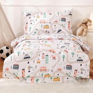 JSD Airplane Toddler Bedding Set, 4 Piece Bed-in-a-Bag Toddler Comforter Sheet Set, Machine Washable