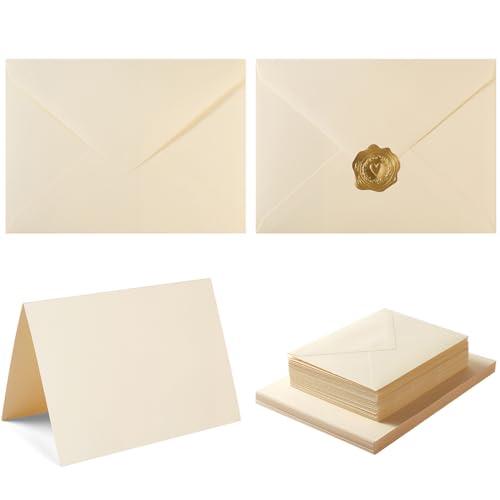 50 Pack Cream A6 Envelopes with Cards 4x6 Thick Folded Cardstock and Gold Stickers for Greeting Cards, Wedding, Birthday, Invitations, Baby Showers (Cream, 4x6)