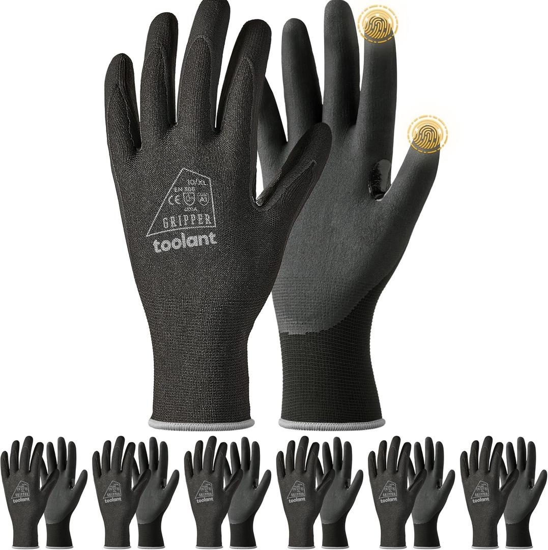 toolant 6 Pairs Work Gloves MicroFoam Nitrile Coated, 15 Gauge Breathable Nylon with Grip in Wet & Oily Condition, Touchscreen,Certified Working Gloves Bulk for Gardening,Warehouse,Automotive,Black,XL