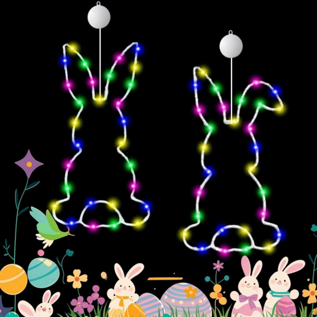 Happy Easter LED Bunny Window Light with Suction Cup, Windows Decorations Hanging LED Lights with Timing Function,Suitable for Indoor and Outdoor Easter Decoration, Family Gathering