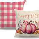 Fall Decorative Throw Pillow Covers,Autumn Pumpkin and Buffalo Check Plaid Design 18x18 Inch Cushion Cases 2Pack Happy Fall Harvest Farmhouse Home Pillowcases for Autumn Thanksgiving (Pink, 18" x 18")