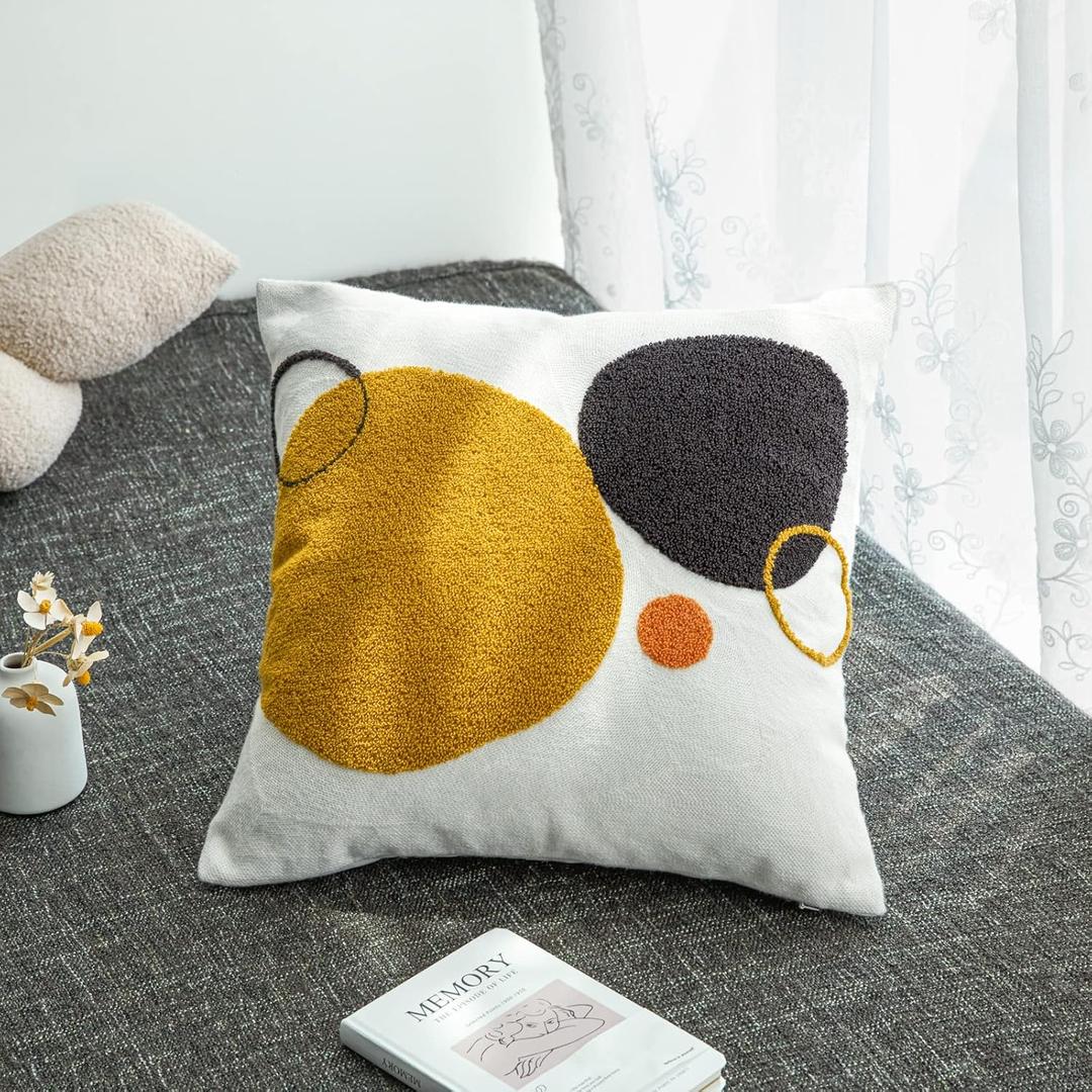 Boho Geo Decorative Throw Pillow Cover, Decorative Colored Pillowcase for Couch Sofa Bed Stylish Decor, Simple Cotton Textured Cushion Sham, Square 18 inches, 1PC(Yellow Mustard Orange)
