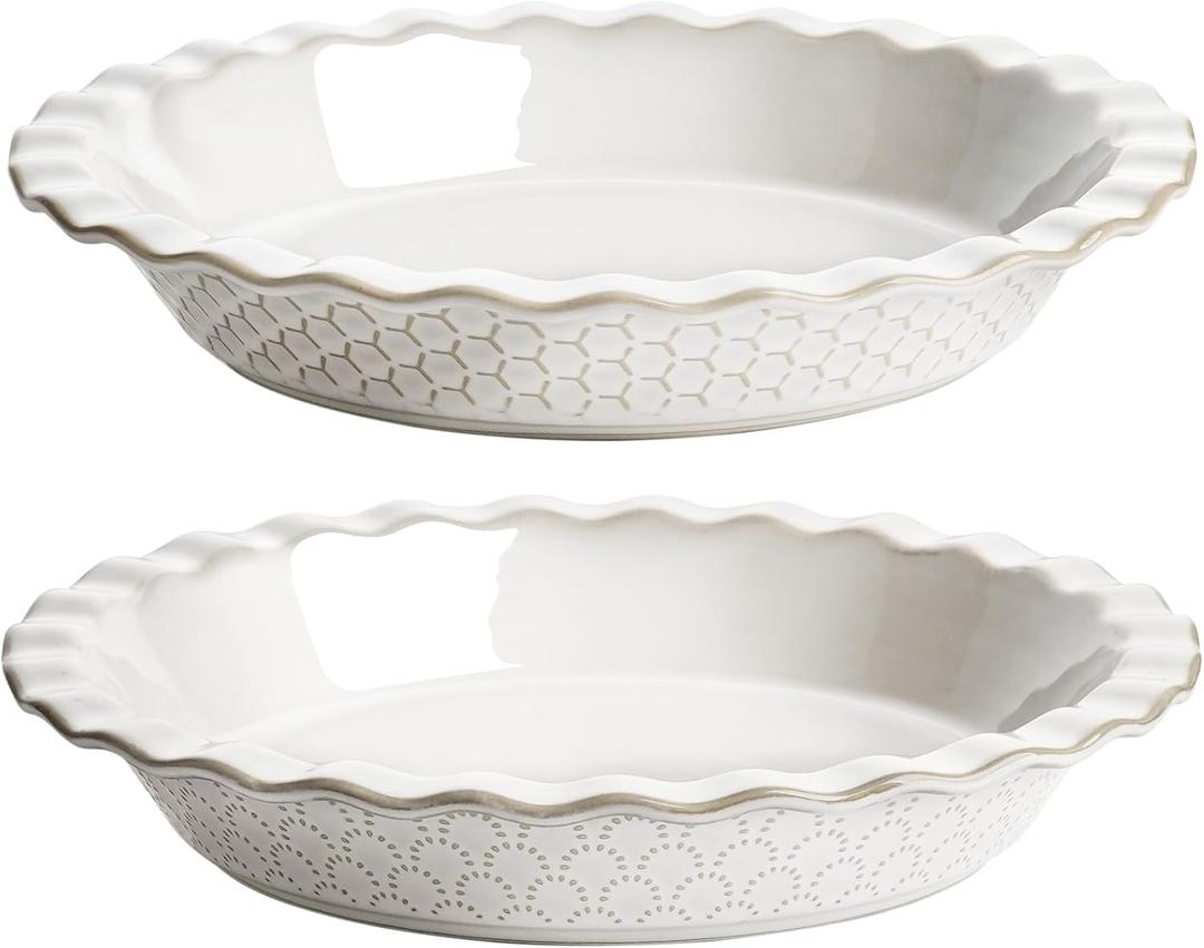 LE TAUCI Pie Pans for Baking 9 Inch, Ceramic Pie Plate for Apple Pie, Round Baking Dish Oven Safe, Embossment Housewarming Wedding Present - 36 OZ, Set of 2, Fireworks + Honey Comb, Arctic White