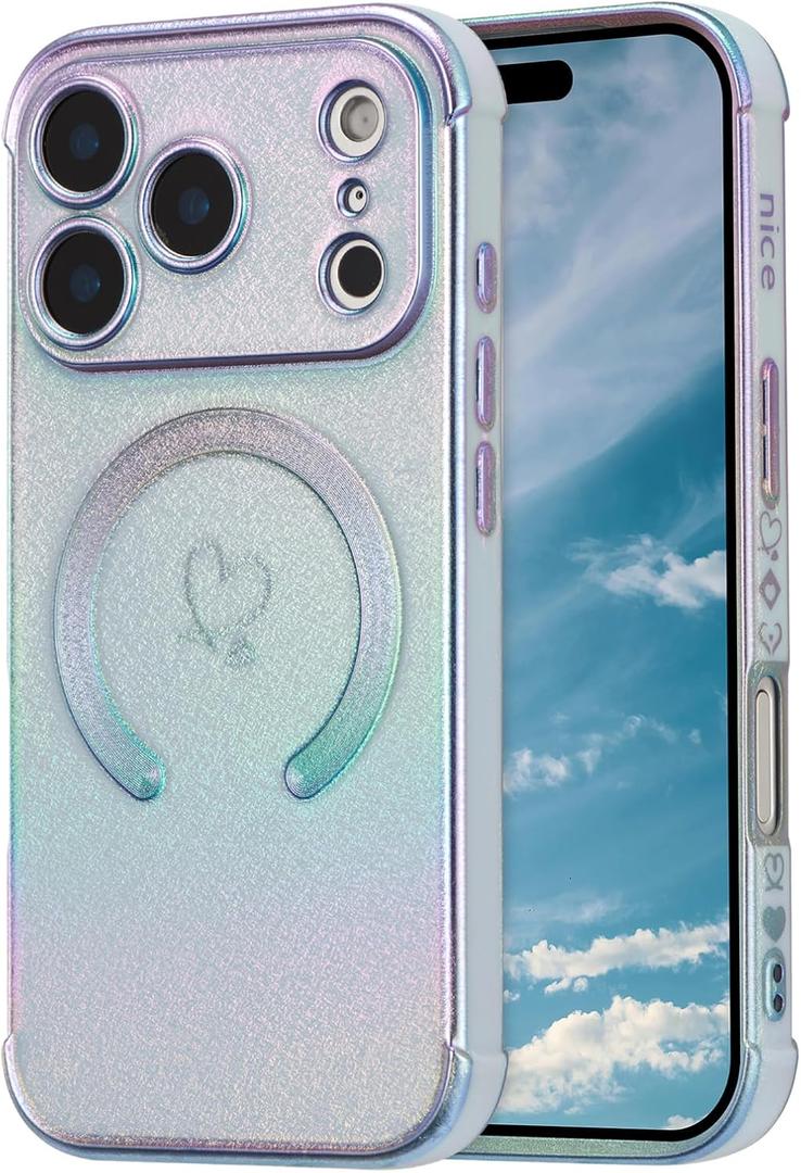 ZTOFERA Magnetic Case for iPhone 17 Pro Case 6.3",Cute Luxruy Iridescent Case with Love Hearts Pattern,Plating Edge Camera Lens Protection Shockproof Phone Case for Women Girls,Blue