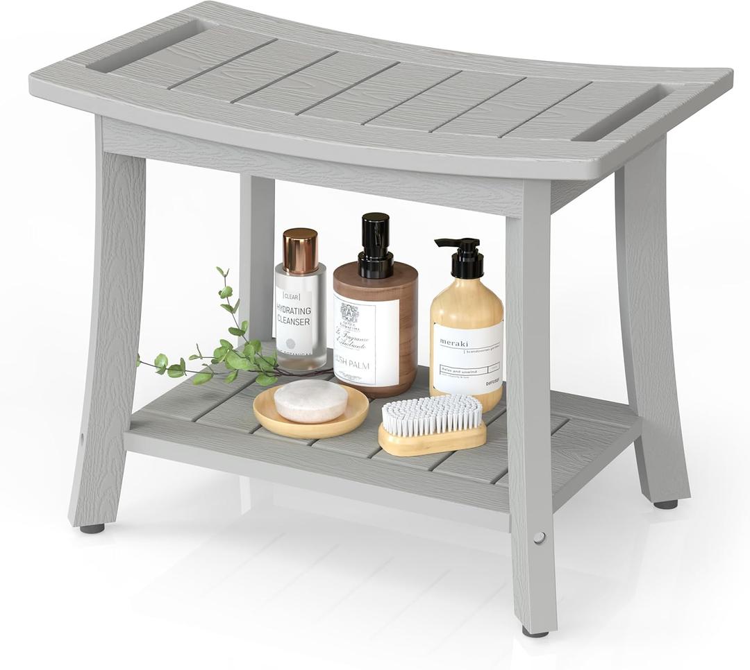 Waterproof Shower Benches for Inside Shower, Poly Lumber Shower Stool with Storage Shelf & Adjustable Feet, SPA Bathroom Seat Chair for Shaving Legs, Indoor or Outdoor Use, Grey