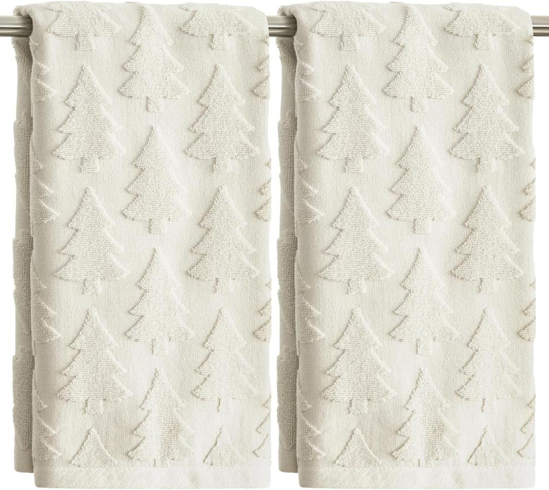 Artoid Mode 2 Pcs Beige 3D Xmas Tree Jacquard Christmas Hand Towels for Bathroom, 100% Cotton Soft Absorbent Bathroom Decor Towels, 13.7 x 29.5 Inch